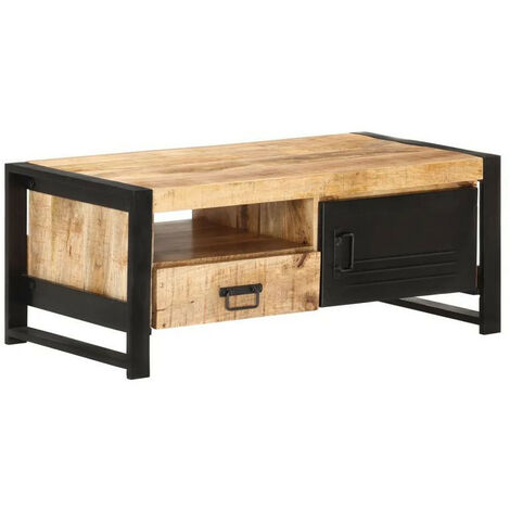 Table basse manguier massif clair et pieds métal noir Salia 100 cm