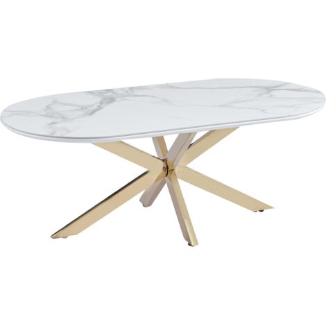Homy France – Table basse fixe en céramique marbre blanc 120x60 cm – Piètement métal doré – Design moderne et chic – Ultra résistant pour intérieur