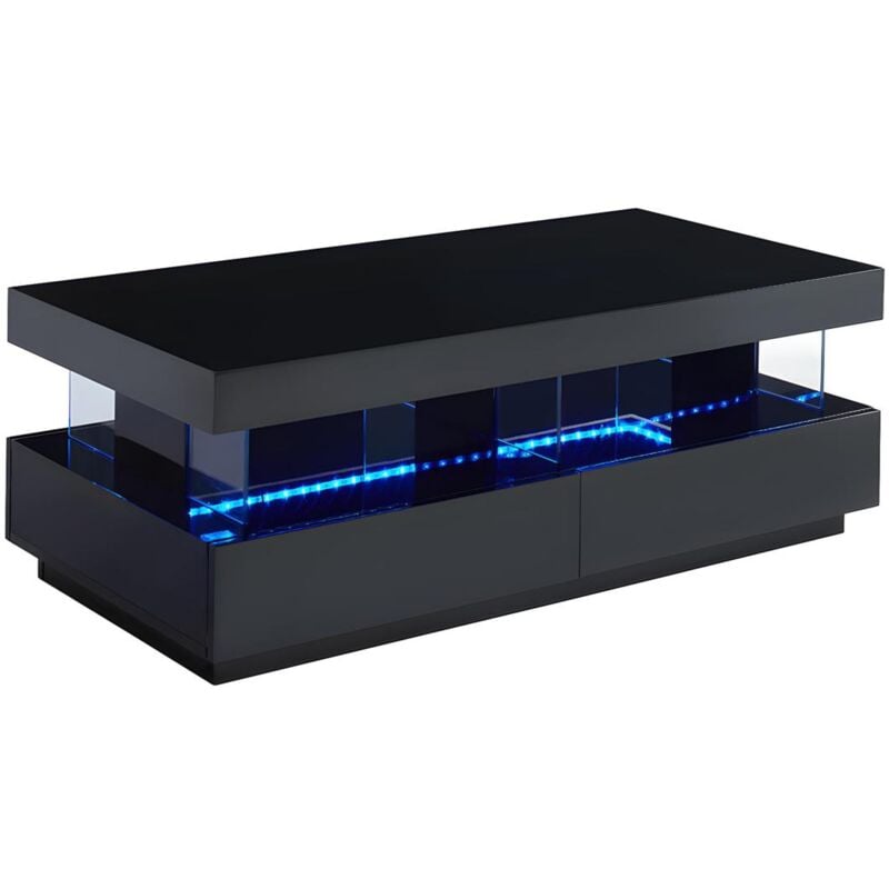 Vente-unique - Table basse 2 tiroirs et 2 niches avec LEDs - mdf et verre trempé - Noir laqué - fabio ii