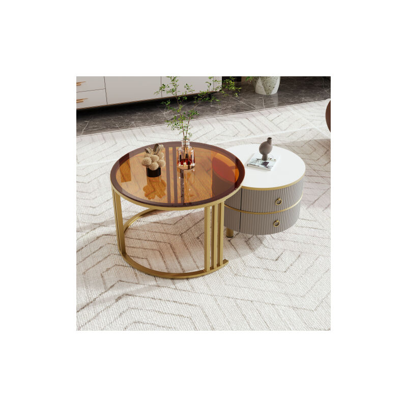 Table basse MDF ronde 2 en 1, table d'appoint avec 1 dessus de table brillant et 1 dessus de table en verre trempé brun, combinaison de table basse