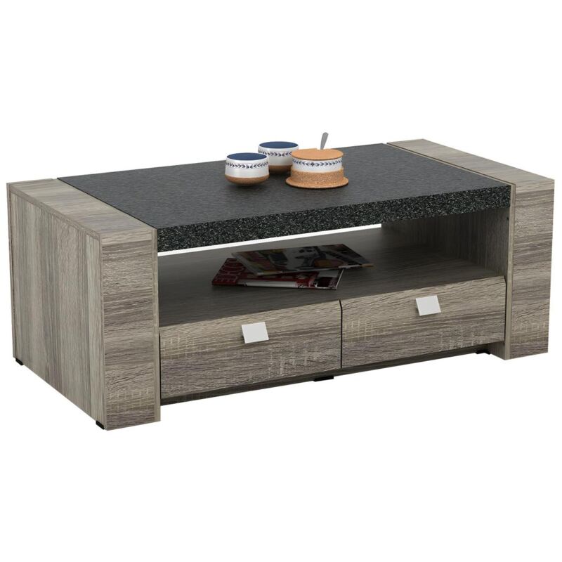 Vente-unique - Table basse meteorite - 2 tiroirs - mdf plateau effet granite