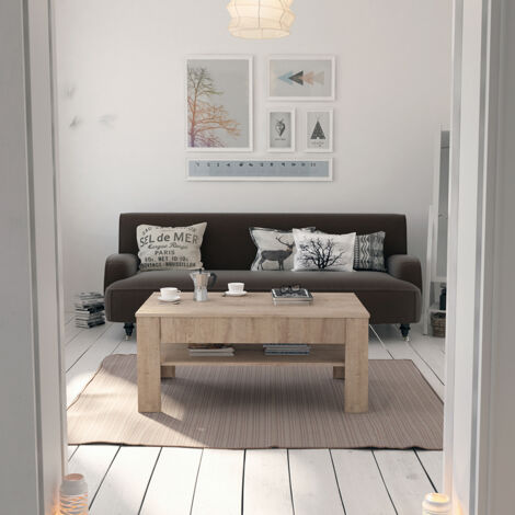 Vicco – Table basse fixe Sonoma 110x48x65cm – Panneau de particules 16mm – Revêtement mélamine – Tiroir et étagère ouverte