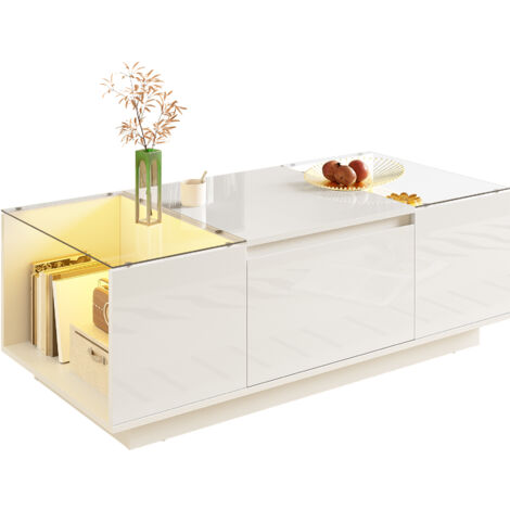 Table basse minimaliste moderne de 105 cm avec rangement,éclairage d’ambiance LED,plateau en verre et 2 tiroirs-Ha