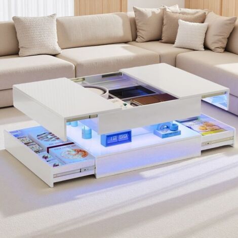Table Basse - Modèle carré - 2 tiroirs - Éclairage LED - Plateau extensible - Blanc