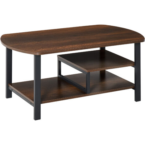 Table basse moderne 100x60x46cm, table de salon avec étagères en panneau de particules et acier marron