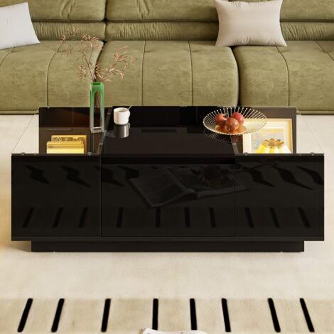 Table basse moderne 105 cm avec rangement, 2 tiroirs, plateau verre et éclairage LED intégré pour ambiance lumineuse