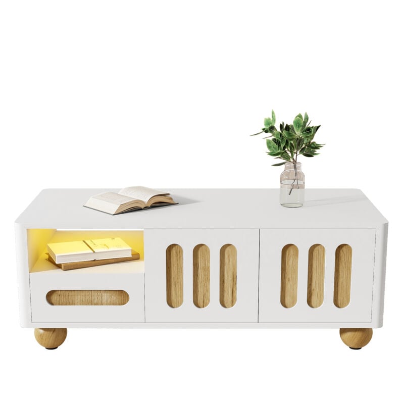 Table basse moderne 105x50x40 cm - aspect blanc et bois avec 4 portes, 2 tiroirs et compartiment ouvert, lumière led - coins arrondis, pieds de table