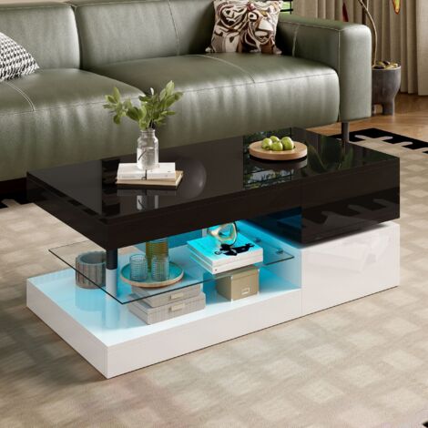 Table Basse Moderne 90x45x35 cm, avec Éclairage Ambiant LED, Commande APP et Bluetooth, Étagère en Verre et Surface Brillance, Design Noir et Blanc pour Salon