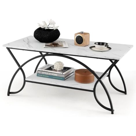 Table basse moderne à 2 niveaux aspect marbre, table de salon avec structure en métal noir, meuble de salon 100 x 50 x 45 cm, pour chambre, salon, bureau (Blanc + Noir)