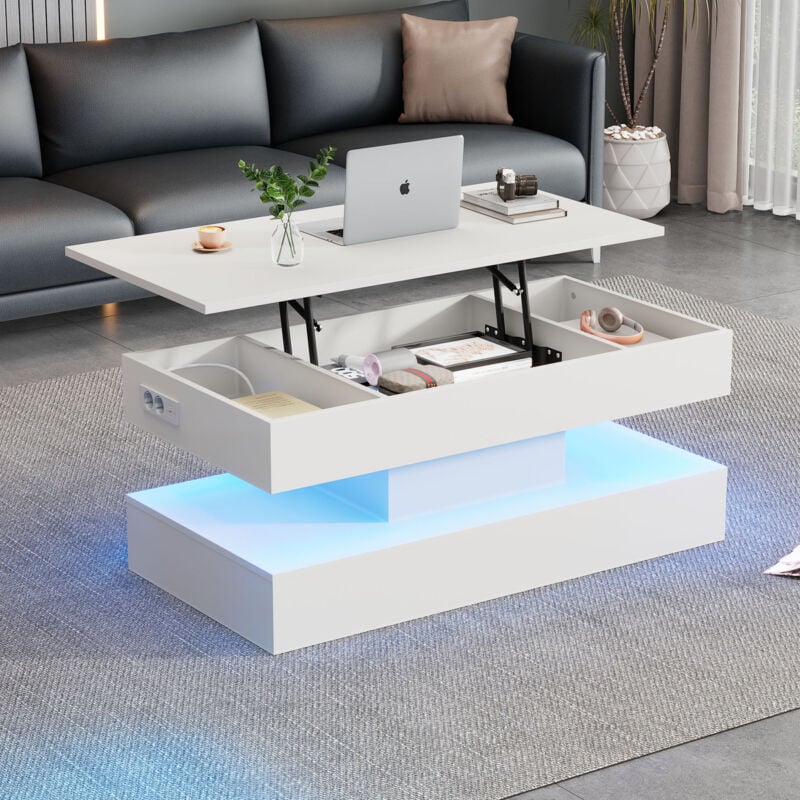 Redom - Table basse moderne avec éclairage led et rangement caché - table d'appoint avec élévateur hydraulique, 100x50x42 cm, Blanc