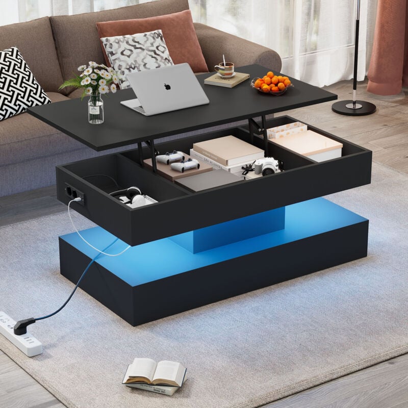 Redom - Table basse moderne avec éclairage led et rangement caché - table d'appoint avec élévateur hydraulique, 100x50x42 cm, noir