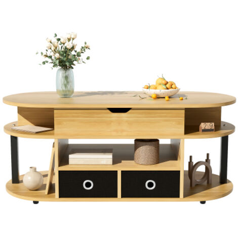 Table basse moderne avec finition imitation bois, mécanisme de levage, espace de rangement et tiroirs en tissu noir – polyvalente, élégante et pratique pour le salon et le bureau.