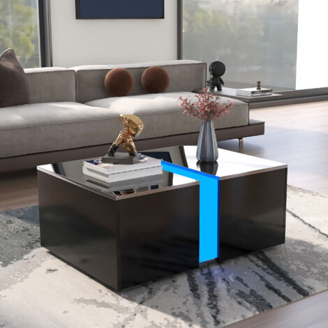 Table basse moderne avec LED 16 couleurs et compartiment rétractable Surface brillante meuble de salon, noir