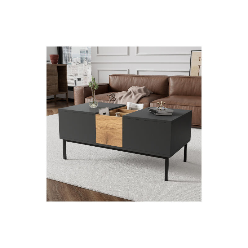 Table basse moderne avec plateau réglable, aspect gris noir et bois, hauteur réglable, flexible et variable, 100x50 cm