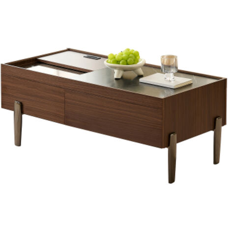 Table basse moderne avec tiroirs et plateau en verre – Design en bois brun foncé, veinage effet marbre, pieds en métal et vaste espace de rangement pour le salon.