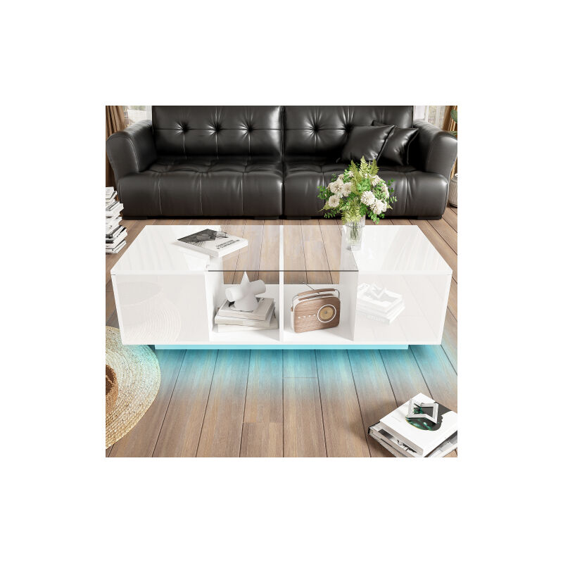 Table basse moderne blanche avec éclairage LED, table haute brillance, 120 x 50 x 38,5 cm