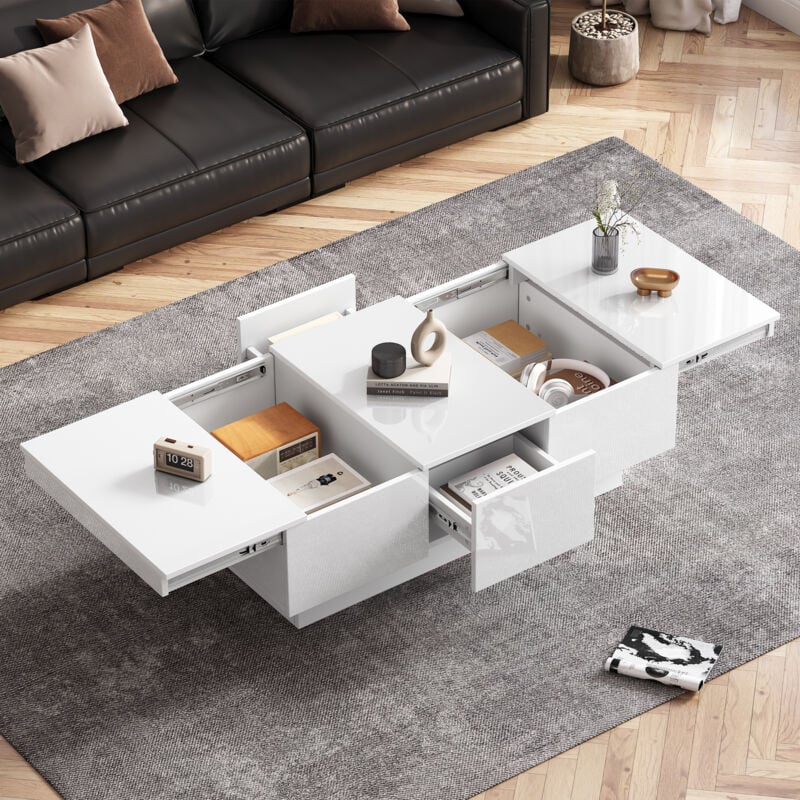 Redom - Table basse moderne brillante 100x55x35 cm - blanche, avec fonction coulissante, 2 compartiments cachés, 2 tiroirs - design élégant pour