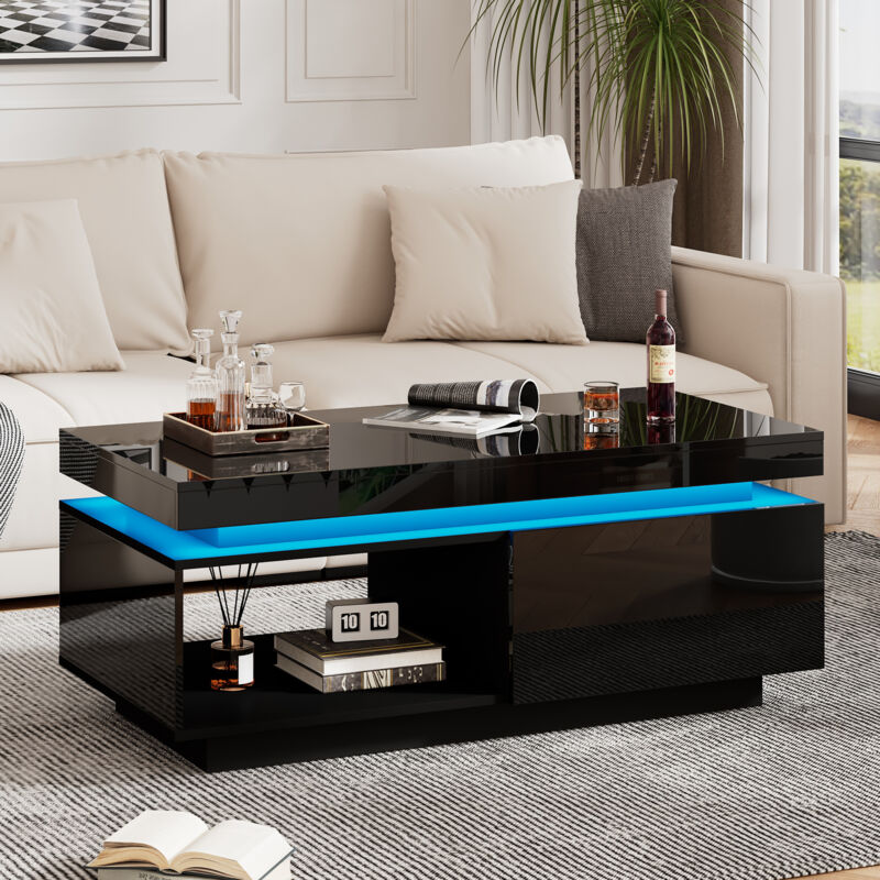 Table basse moderne brillante avec éclairage LED, 100x50x40,3 cm - Table élégante avec tiroir et capacité de charge de 50 kg