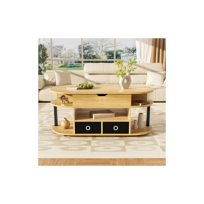 Table basse moderne en grain de bois avec fonction de levage, espace de rangement et tiroir en tissu noir – polyvalente, élégante et pratique pour le
