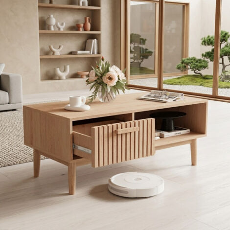 Table Basse Moderne en rotin, Table Basses Salon avec 1 tiroir et Étagère Ouverte, Table Basse rectangulaire pour Salon, Séjour Bureau, 100x50x43 cm, Couleur du Bois
