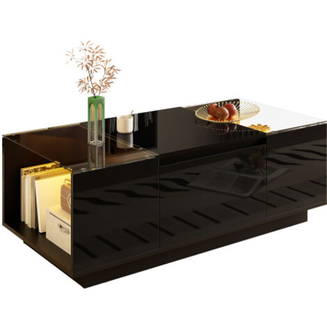 Table basse moderne et minimaliste, avec espace de rangement, éclairage d'ambiance LED, plateau en verre et 2 tiroirs.