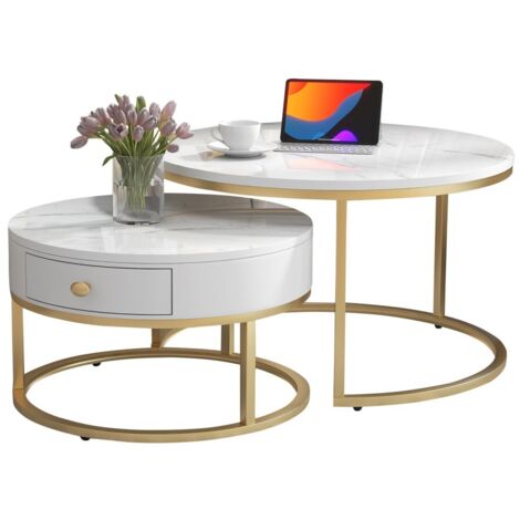Table basse moderne gigogne 2 pièces marbre brillant rondes, tables d'appoint emboîtables design contemporain 70x70x48cm - Blanc brillant