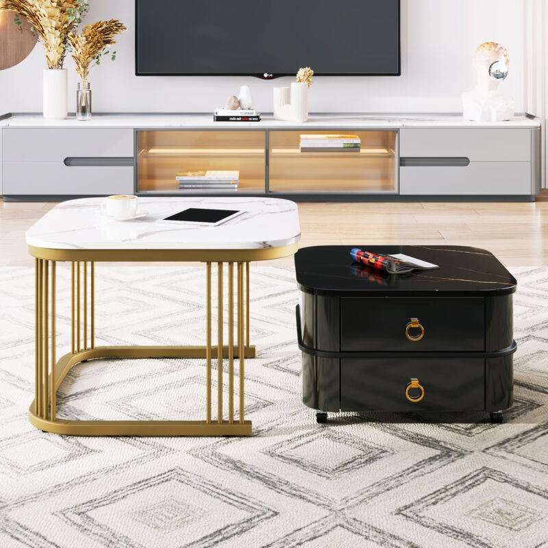 Sureh - Table basse moderne gigogne, table basse modulaire carrée, finition marbre, base dorée, avec deux tiroirs - Noir