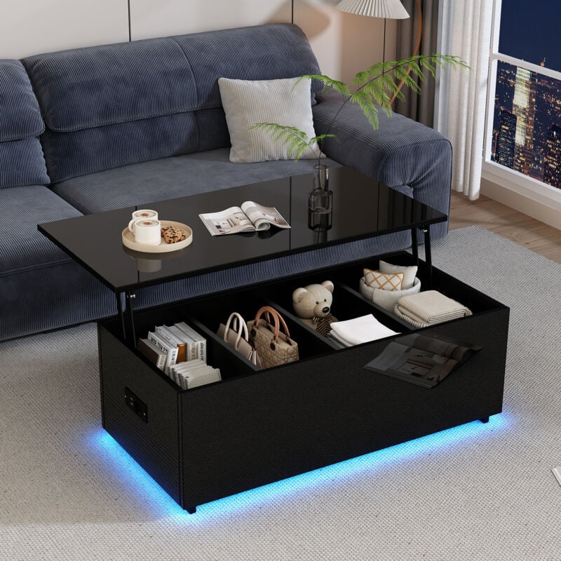 Table basse moderne haute brillance, table d'appoint à relevage hydraulique avec usb, led et rangement, 100x50x35 cm, noir