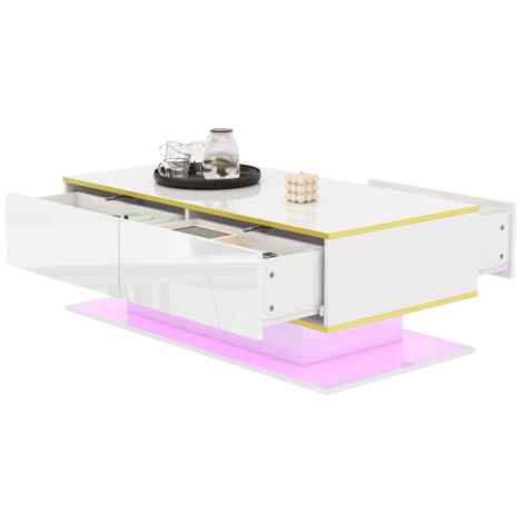 Table basse moderne laquée haute brillance, dotée d'accents dorés, de 3 tiroirs et d'une bande lumineuse LED USB (adaptateur/batterie externe non inclus).