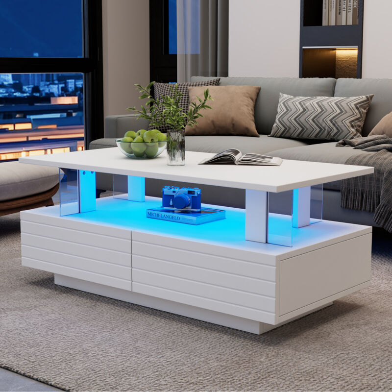 Table basse moderne led Acrylique avec fonction de rangement, Table d'appoint, contrôle Bluetooth pour fêtes et bureaux – Blanc