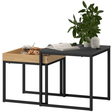 Table basse moderne, lot de 2 tables de salon pour petits espaces, carrées, MDF, métal, noir