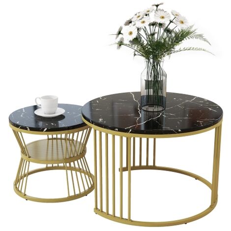 Table basse moderne Nesting, set de canapé en marbre côté table Nesting Table basse ronde, set de 2 avec cadre doré（noir）