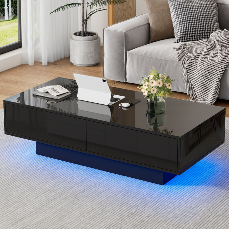 Okwish - Table basse noire brillante, table de salon avec 2 tiroirs, éclairage led, 115x55x34 cm