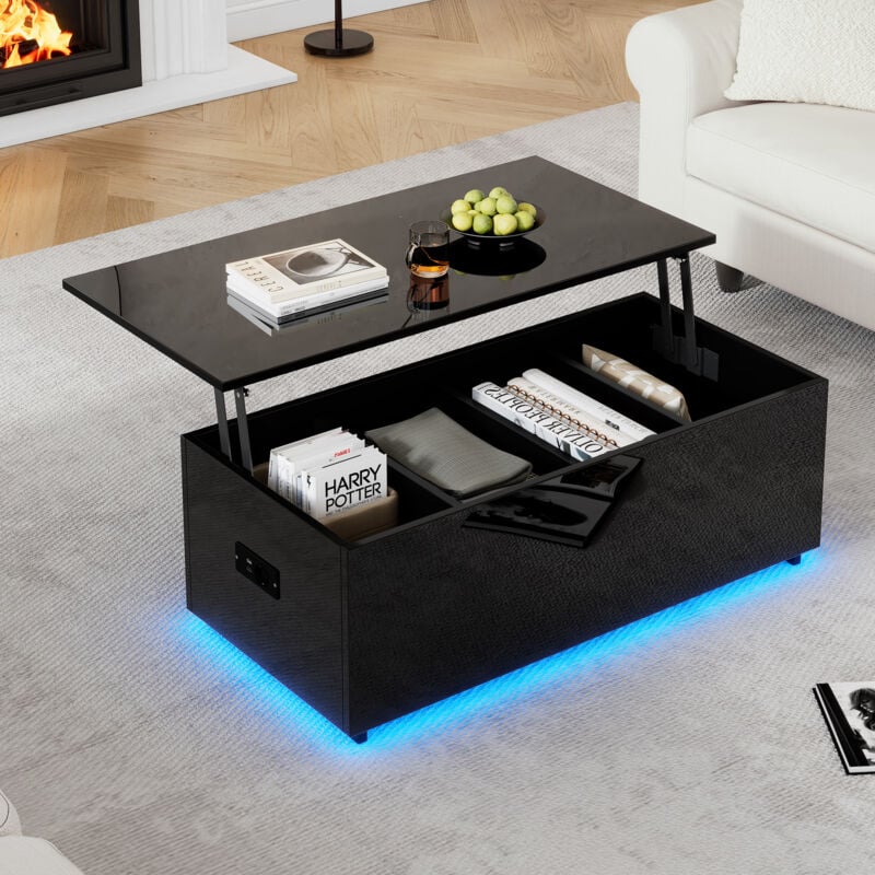 Okwish - Table basse noire brillante, table d'appoint avec éclairage led, espace de rangement caché et élévateur hydraulique, 100x50x35 cm