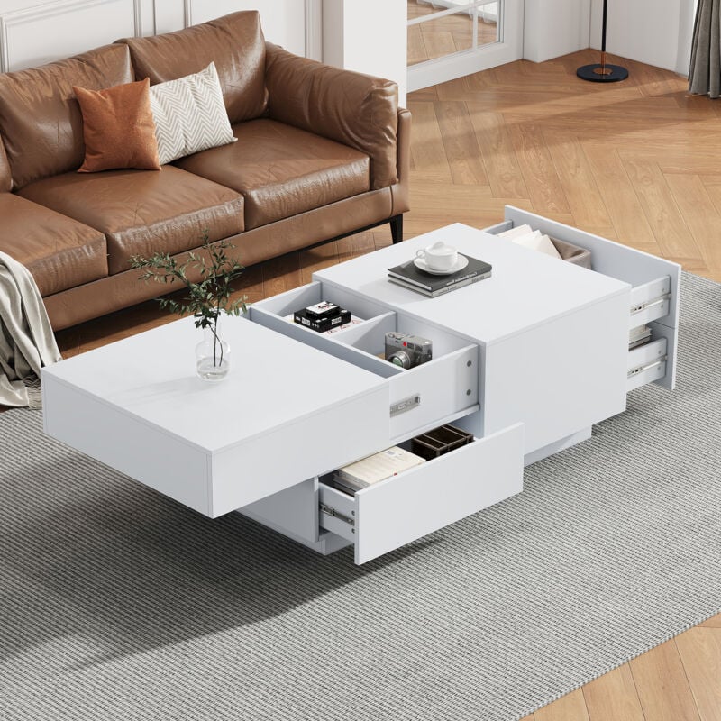 Table basse moderne, plateau coulissant, 4 tiroirs - 90x55x45cm, salon, blanc