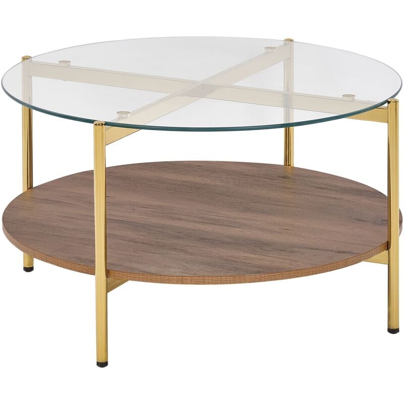 Beliani - Table Basse Moderne Plateau Rond en Verre Trempé et Étagère Bois Foncé et Cadre Métallique Doré Lovell