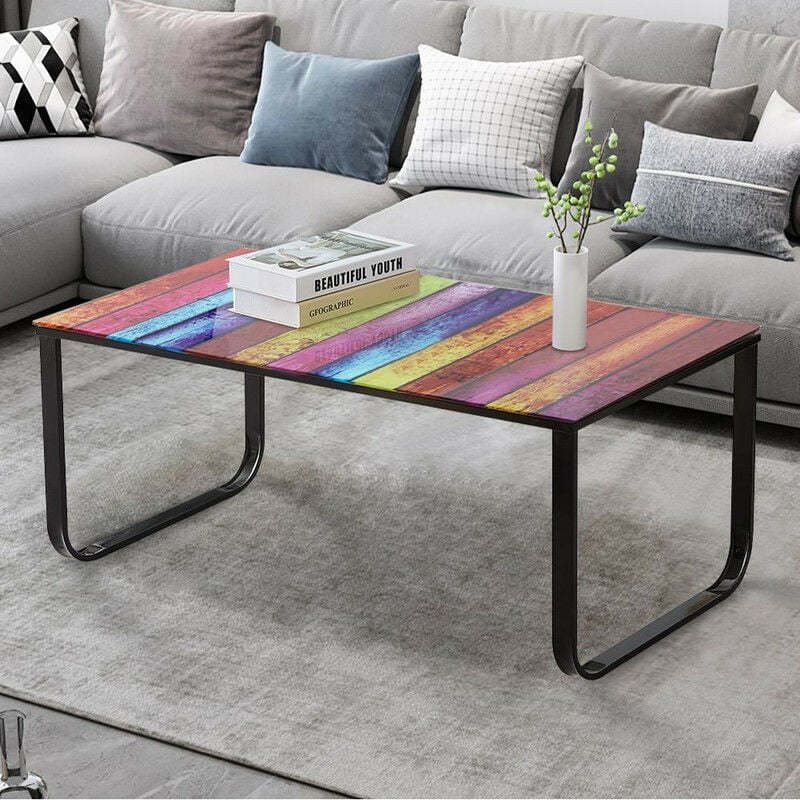 Clipop - Table basse moderne Table d'appoint Plateau en verre Meuble de salon Pieds 105 x 55 x 42 cm, Rainbow