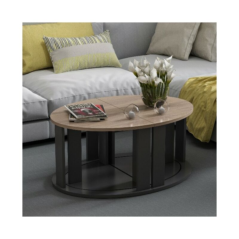 Homemania - Table Basse Antella Compacte Modulable - avec etageres - pour Salon, Canape - Noir en Bois, 90 x 60 x 41 cm