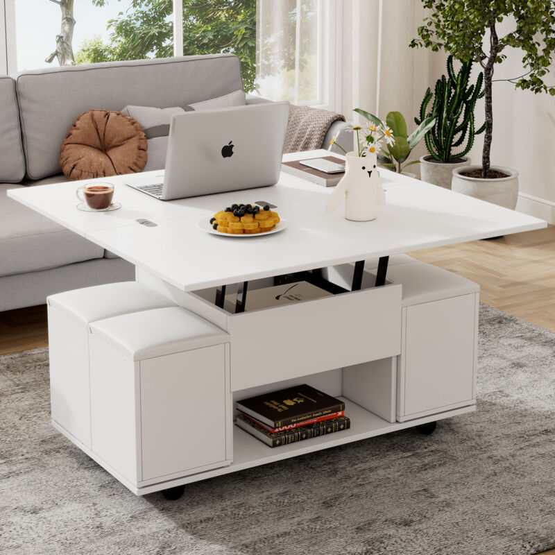 Redom - Table basse multifonctionnelle relevable - Le bureau peut ouvrir 2 tables, blanc + blanc, grande capacité, mobilier de salon moderne, bureau,