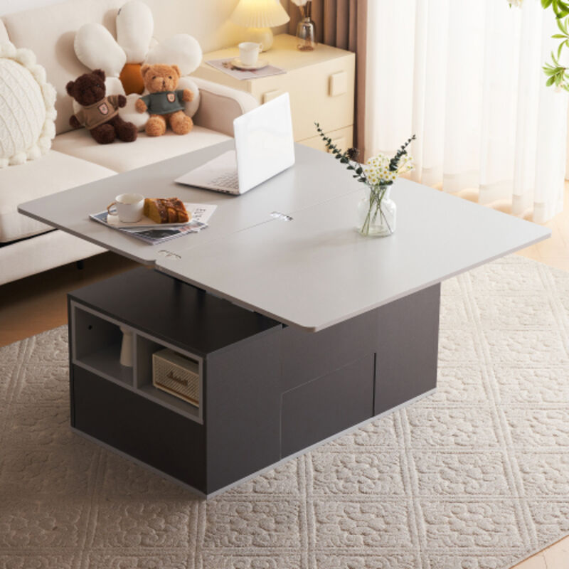 Okwish - Table basse relevable 2 en 1, plateau de table s'ouvre sur 2 tables, gris, 100x51x47 cm
