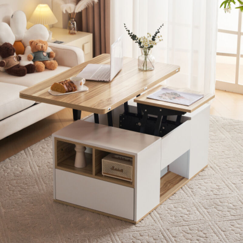 Table basse relevable 2 en 1, plateau de table s'ouvre sur 2 tables, couleur bois et blanc, 100x51x47 cm