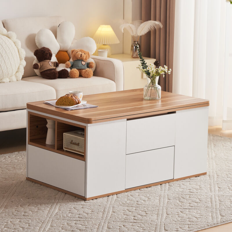 Table basse relevable multifonctionnelle - le plateau s'ouvre en 2 tables, grande capacité, Panneau de particules, blanc