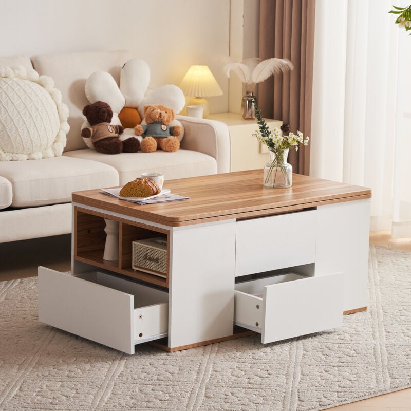 Table basse, multifonctionnelle relevable, le dessus de table s'ouvre sur 2 tables, blanc + naturel