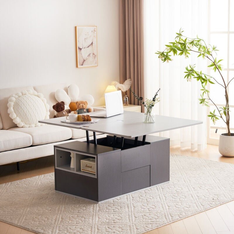 Lafomukea - Table basse multifonctionnelle relevable - Le dessus de table s'ouvre sur 2 tables, gris foncé + gris clair, grande capacité,table de