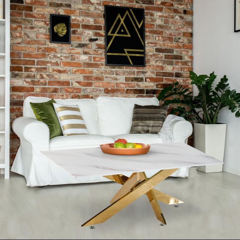 Cotecosy - Table basse Naelle en Verre effet Marbre blanc et pieds Or