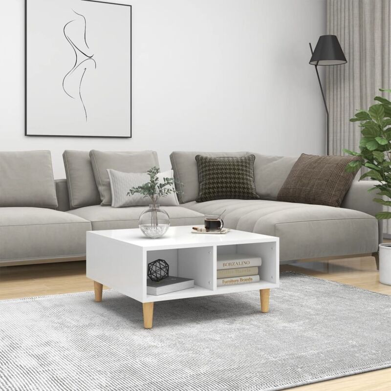 Vidaxl – Table basse fixe blanche 60x60x30 cm – Bois d'ingénierie et eucalyptus massif – Avec étagères de rangement – Style scandinave