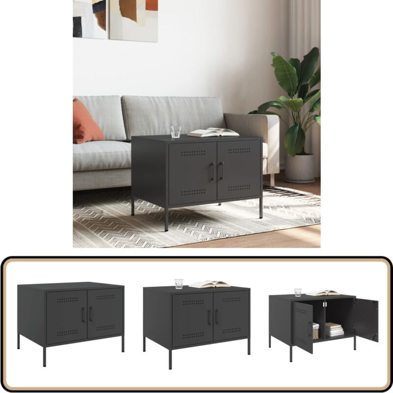 Table basse noir 68x50x50,5 cm acier - Table Basse Industrielle - Meuble Salon - Table D'appoint - Rangement Intérieur - Table Design