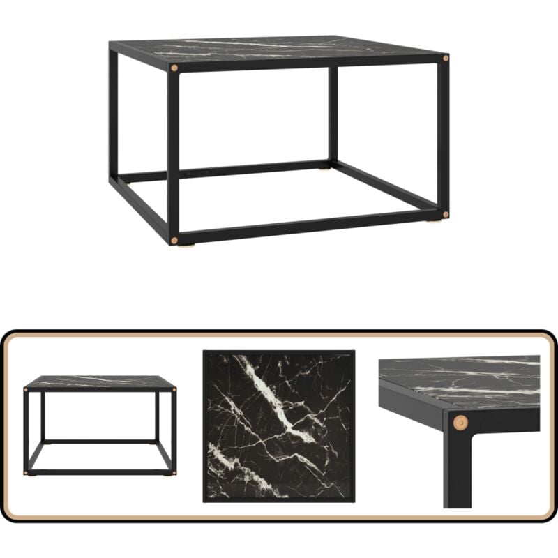 Table basse Noir avec verre marbre noir 60x60x35 cm - Table Basse - Meuble Salon - Table D'appoint - Design Moderne - Verre Trempé