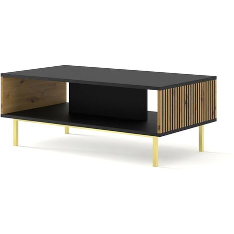 Table basse Noir/Chêne artisan 90x60x45 RAVI F PEINT Pied Cadré or