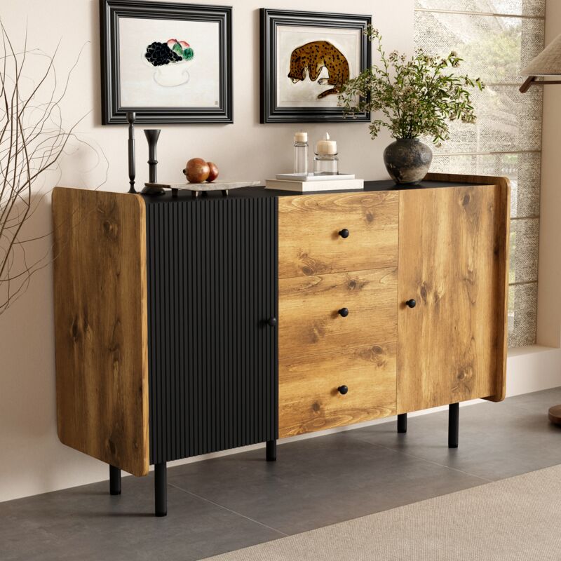 Wishdor - Buffet noir et bois, buffet salon avec 2 portes et 3 tiroirs